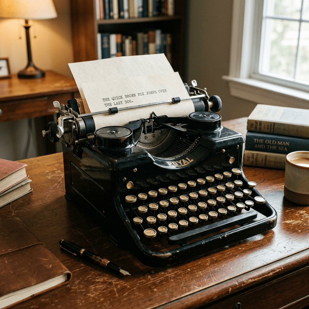 Black Royal typewriter with paper and typed text, books and coffee on desk
