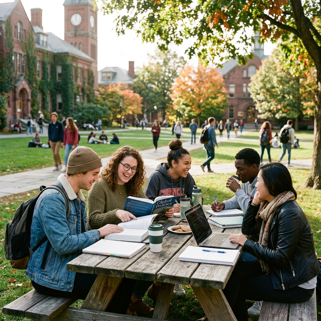 Five college students sitting at a wooden picnic table outside with books and a laptop, studying together
