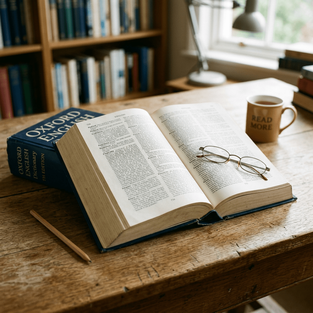 Open Oxford English Dictionary with reading glasses and a cup reading 'READ MORE' on a wooden table